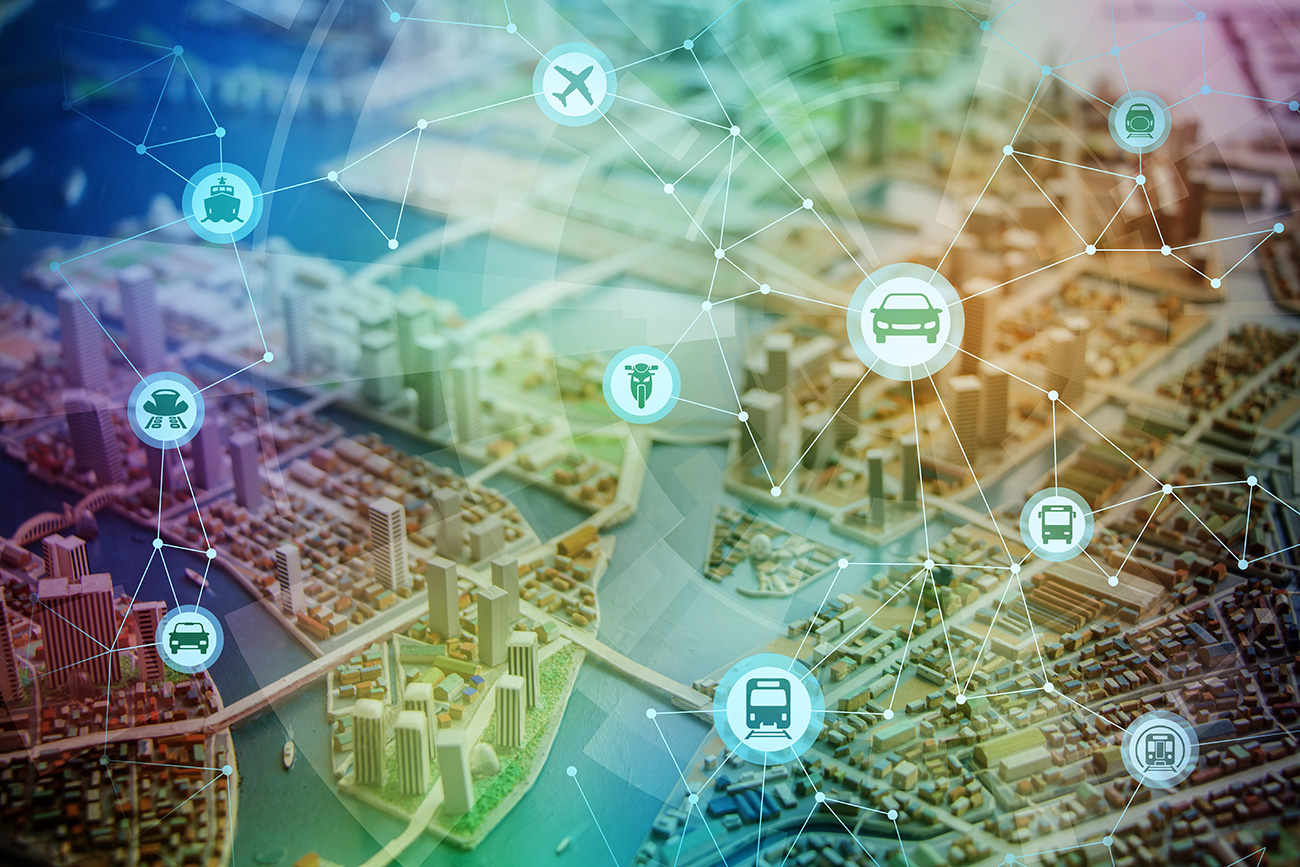 modern cityscape diorama and various transportation network, conceptual abstract image